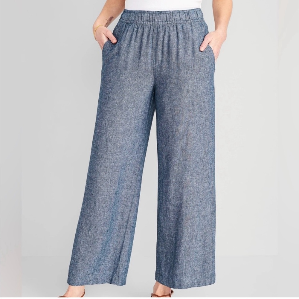 High-Waisted Linen-Blend Wide-Leg Pants - Chambray Blue